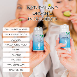 two women demonstrating Qlumiere Bio-Restorative Cucumber Day Creme