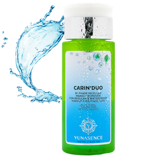 Carin' Duo is a natural, silicone-free bi-phase cleanser that effortlessly removes stubborn makeup, including waterproof formulas. It is gentle, soothing, and refreshing to the skin. Utilizing micellar technology, it effectively captures and lifts away dirt, oil, and makeup without harsh rubbing. The cleanser conditions the delicate eye area and leaves the skin clean, soft, and without oily residue. It is alcohol-free, artificial fragrance-free, and silicone-free.
