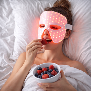woman laying on a bed and eating berries