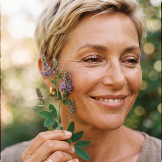 woman smiling and touching flowers to her cheek