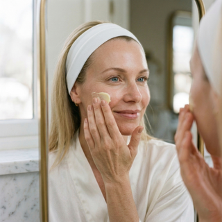 woman applying cream to her face in front of the mirror