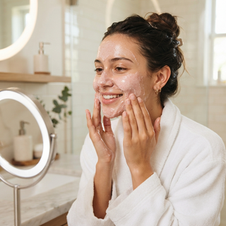 smiling woman exfoliating her skin in front of the lit mirror