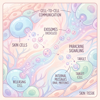 Illustrated diagram of exosomes in skin tissue showing cell-to-cell communication, with labeled releasing cells, exosome vesicles carrying RNA and proteins, paracrine signaling, and target cells
