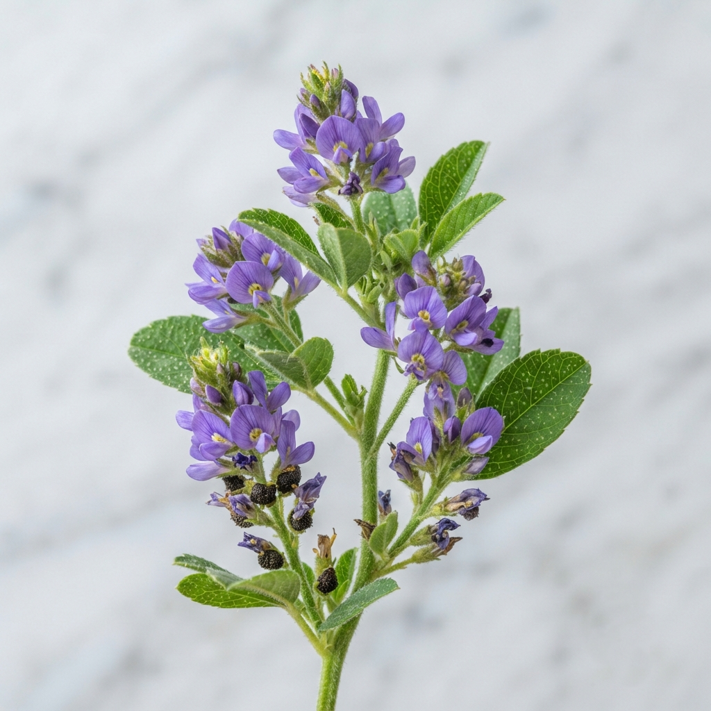 Purple flowers & green leaves of Psoralea corylifolia (bakuchiol source), YUNASENCE botanical skincare