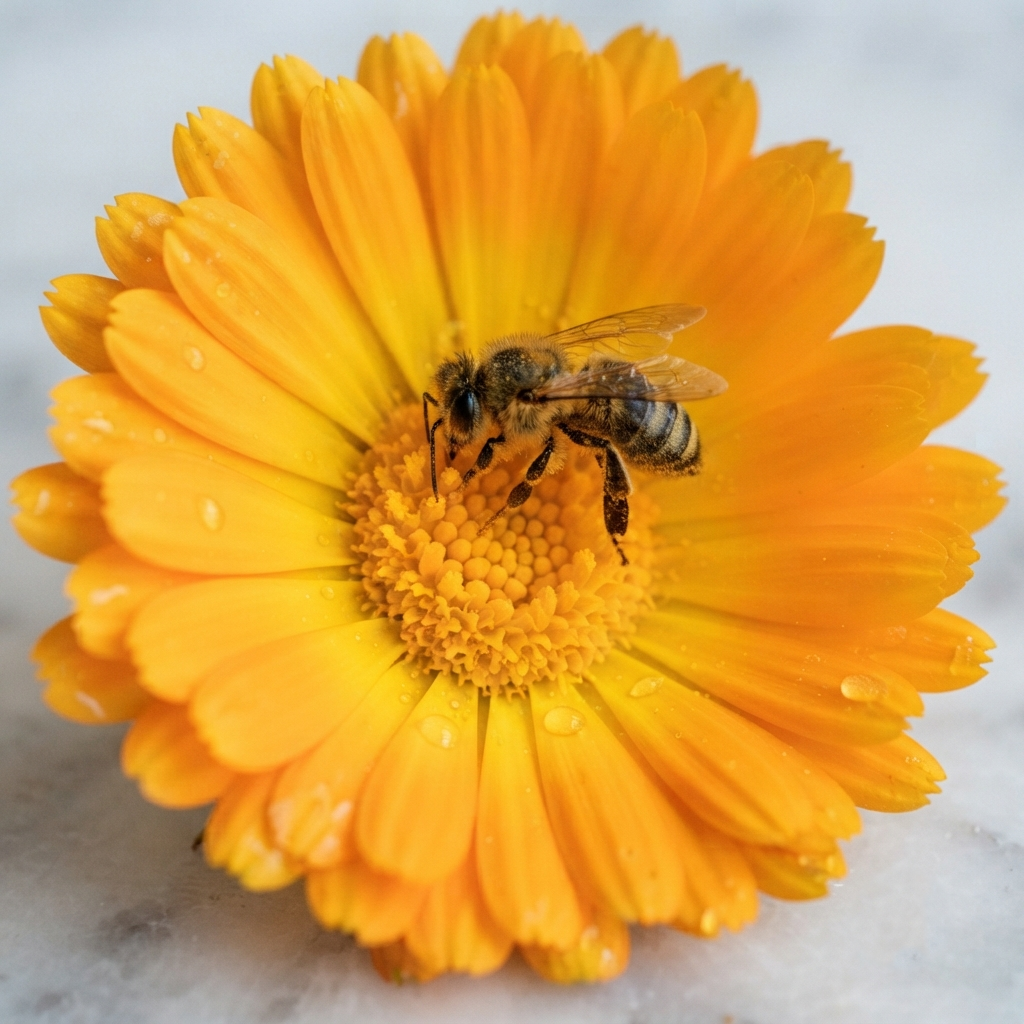 calendula flower with a bee