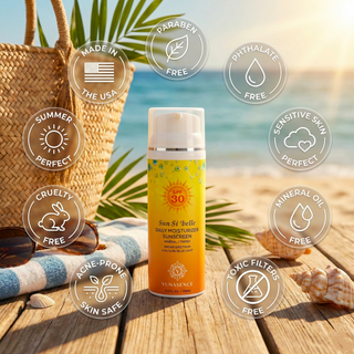 Sunscreen bottle with beach setting and product features displayed