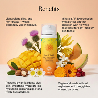 Sun Si Belle Daily Moisturizer Sunscreen bottle displayed on a peach background with decorative fruits, flowers, and text describing product benefits.