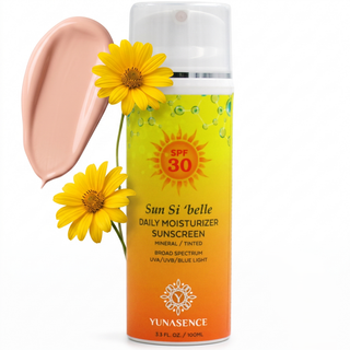 A bottle of Yunasence Sun Si 'belle Daily Moisturizer Sunscreen SPF 30, featuring a yellow-to-orange gradient label with a sun icon and white pump, shown with a peach-colored product swatch and two yellow flowers on a white background.