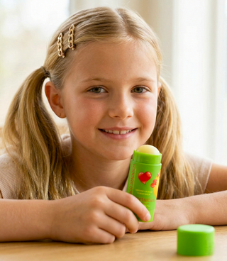 Young girl holding Choco smooch lip balm with a heart design on a wooden surface.