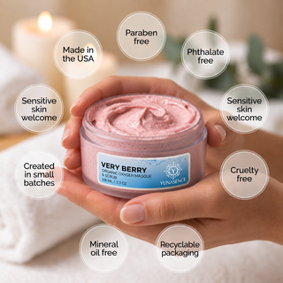 A hand holds a jar of Yunasense Very Berry Organic Oxygen Masque  against a soft, blurred background. Multiple circular callouts highlight product benefits such as 'Sensitive skin welcome', 'Paraben free', and 'Made in the USA'.