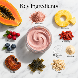 A jar of pink clay mask cream sits on a white marble background, surrounded by labeled ingredients including papaya, pineapple, cranberry, blueberry, reishi, kelp, oat, hyaluronic acid, vitamin C, and goji berry. The text 'Key Ingredients' appears at the top.