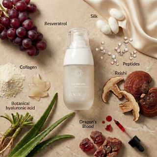 Skincare serum bottle with natural ingredients on a textured surface