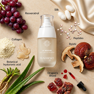A cosmetic serum bottle labeled LA NOUVEL CELLULAR NUTRISERUM by YUNASENCE sits on a beige surface surrounded by ingredient callouts and props including grapes, silk, collagen powder, hyaluronic acid gel, resveratrol, peptides, reishi mushrooms, dragon's blood, aloe vera, and botanical extracts.