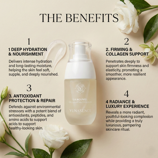 LaNouvel Nutriserum by Yunasence  with benefits listed on a beige background with flowers