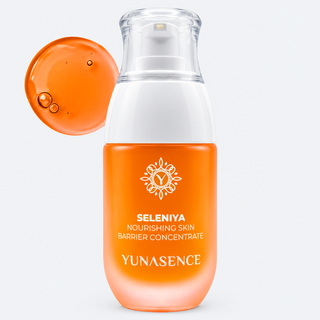 Yunasence Seleniya Nourishing Skin Barrier Concentrate in an orange and white pump bottle, shown with a floating circular droplet of the orange serum on a light gray background.