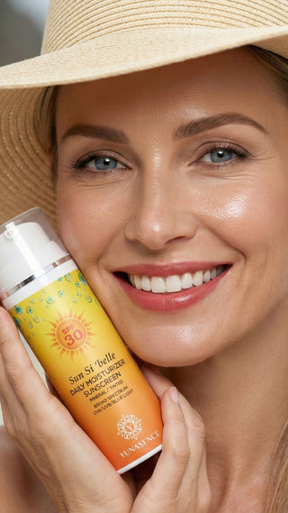 A smiling woman wearing a straw hat holds a bottle of Sunscreen SPF 30 against a bright, clean background.