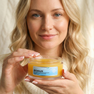 A woman with blonde hair holds a jar of BIOMAZE Cleanser against a soft, warm beige background.