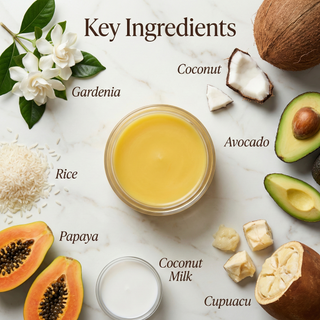 image is showing key ingredients in Bomaze, like gardenia, coconut, avocado, cupuacu, papaya and rice