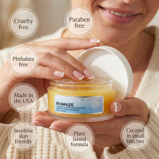 image is showing woman using Biomaze cleanser and showing badges.