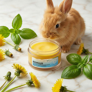 image showing a lifestyle setting with Biomaze cleanser and small bunny.