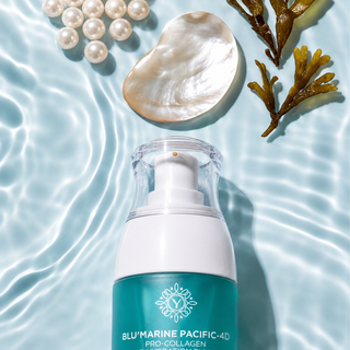 A cosmetic pump bottle labeled BLU'MARINE PACIFIC-4D PRO-COLLAGEN positioned over a water-like surface with pearl-like beads, a mother-of-pearl shell, and seaweed leaves around it.