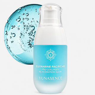 bottle of blumarine pacific on light gray background with the blue liquid swatch