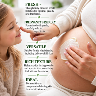 A pregnant woman and a child share a moment while a white cream is being applied to the woman's belly. The image features text overlays highlighting product benefits such as 'FRESH', 'PREGNANCY FRIENDLY', 'VERSATILE', 'RICH TEXTURE', and 'IDEAL'.
