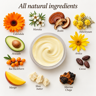 A round jar of pale yellow cream sits centered on a white background, surrounded by labeled natural ingredients including calendula, manuka, reishi, helichrysum, avocado, sea buckthorn, cocoa, mango, shea butter, and Siberian chaga. The headline reads 'All natural ingredients.
