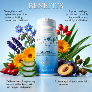 bottle of ceraneu cream surrounded by floral and fruit arrangement with list of benefits