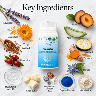 A centered bottle labeled CERANÉU by YUNASENCE surrounded by ingredient callouts and small photos of lavender, plum, aloe, flaxseed, rose hips, eggplant, turmeric, borage, hyaluronic acid 4D, shea butter, magnesium copper zinc, copper peptide, and niacinamide on a light marble background under the heading 'Key Ingredients'.