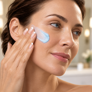Close-up of a woman applying a light blue cream product to her cheek with her finger, set against a softly blurred bathroom background.