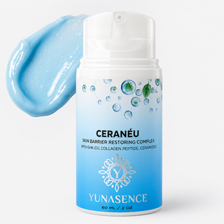 Yunasence Ceranéu Skin Barrier Restoring Complex in a 60 ml pump bottle, shown with a blue cream swatch on a white background.
