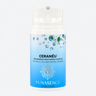 Yunasence Ceranéu Skin Barrier Restoring Complex in a 60 ml pump bottle. The bottle has a white cap and a blue gradient label with water droplets and a silver floral logo.