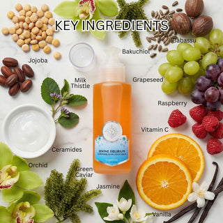 Cosmetic bottle with key ingredients labeled on a white background