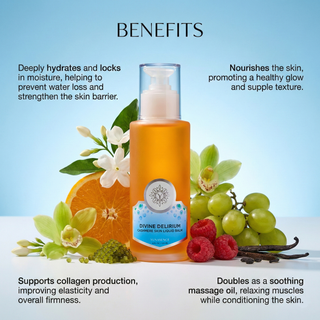 Orange bottle with green leaves, orange, grapes, and flowers on a light blue background