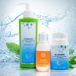 Three Yunasence skincare products with a water splash background