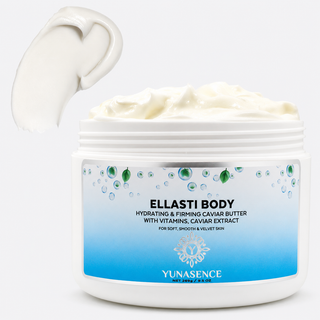 A white cosmetic jar of Yunasence Ellasti Body Hydrating & Firming Caviar Butter, shown open with a dollop of the white cream product floating above it against a light gray background.