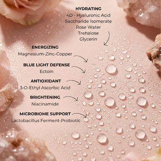 Skincare product with ingredients listed on a pink background