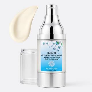Yunasence ILIGHT Advanced Brightening & Line Smoothing Eye Treatment in a silver pump bottle with a clear cap, shown next to a cream-colored product swatch on a light gray background.