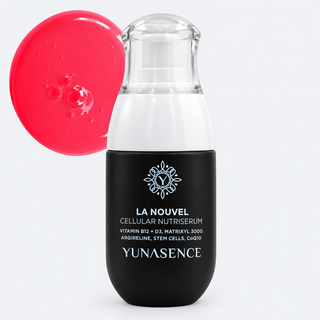 Yunasence La Nouvel Cellular Nutriserum in black bottle on light gray background, with bright pink product swatch