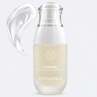 YUNASENCE La Nouvel Cellular Nutriserum in a frosted glass bottle with a clear cap, shown on a light gray background with a translucent serum swatch graphic on the left.