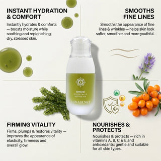A bottle of Yunasence Omnid Green Caava Retinol cream centered on a light beige background with four text panels around it describing benefits: instant hydration and comfort, smooths fine lines, firming vitality, and nourishes and protects. The bottle is clear with a white cap and a green label.