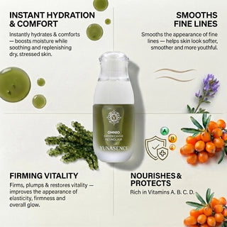 Yunaseance Omnio bottle centered on a light beige infographic background with text callouts about hydration, fine lines, firming vitality, and nourishment, plus botanical illustrations around the bottle.
