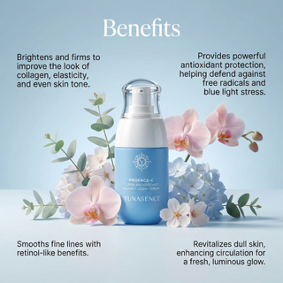 Image of Proface-c serum with flowers on a light blue background listing product benefits