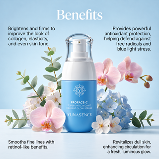 A skincare bottle labeled PROFACE-C Super Antioxidant Radiant Glow Serum by YUNASENCE, centered on a light blue background with decorative pink orchids, white flowers, and green eucalyptus leaves. Text around the product lists benefits such as brightening, firming, improving collagen and elasticity, and smoothing fine lines.