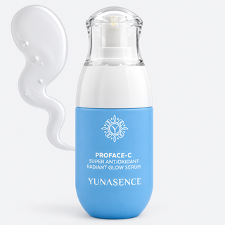 Yunasence Proface-C Radiant Glow Serum bottle in light blue and white, shown with a clear gel swatch on a clean white background.