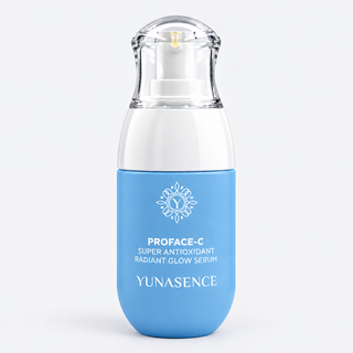 Yunasence Proface-C Super Antioxidant Radiant Glow Serum in a light blue and white pump bottle with a clear cap, on a light gray background.