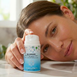 woman holding qlumiere cream in her hand looking at the camera