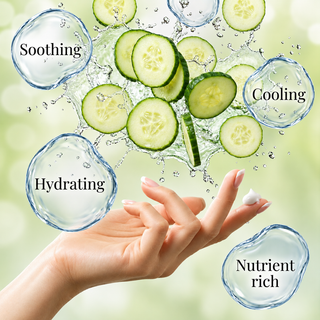 cucumber slices suspended in water splashes with water droplets containing words in them soothing, hydrating, cooling, nutrient rich 