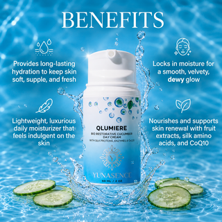 A bottle of YUNASENCE Qlumiere Bio Restorative Cucumber Day Cream is shown in a water-splash graphic with cucumber slices, surrounded by text detailing skin benefits.